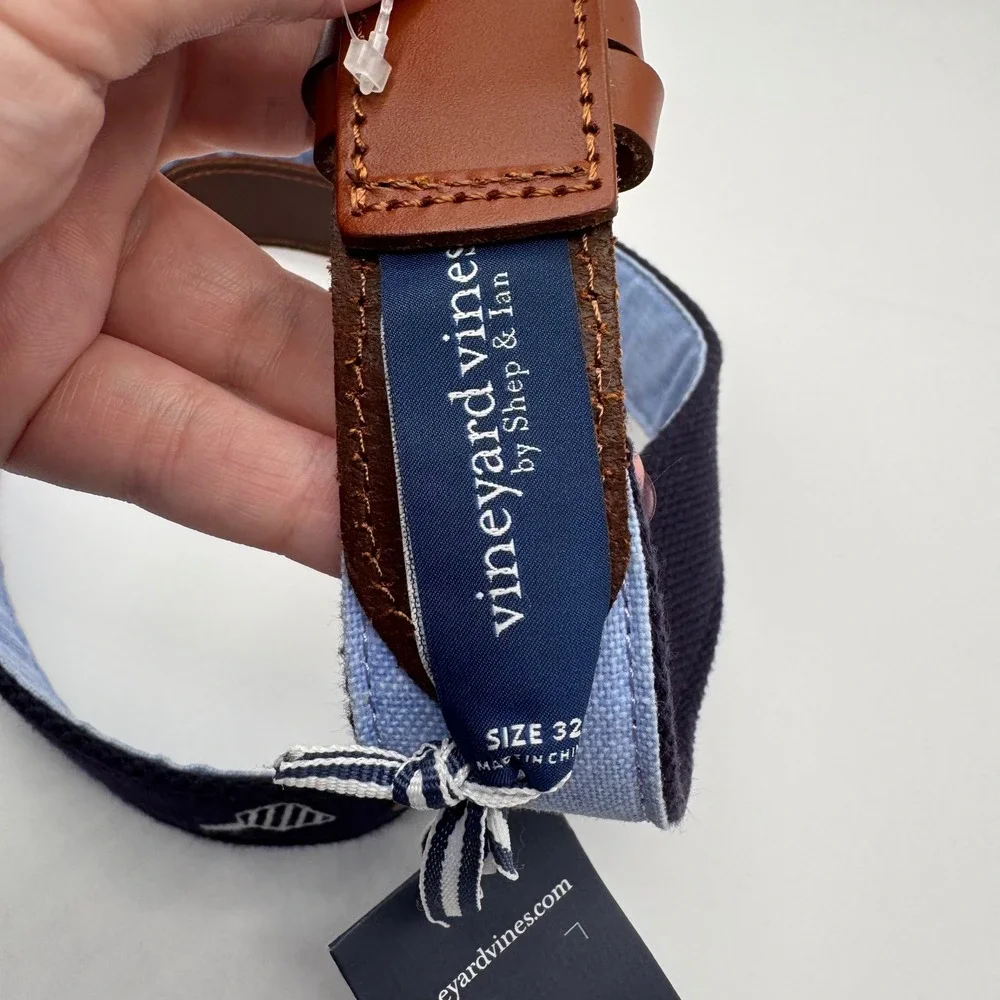 Vineyard Vines Pickleball Canvas Mens 32 Belt Nautical Navy Italian Leather Trim